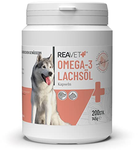 ReaVET Lachsöl Kapseln Hund 200 Stück, Omega-3 Lachsöl für Hunde & Katzen I Hochdosiertes Fischöl in Lebensmittelqualität