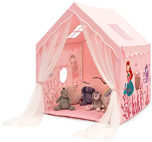 GYMAX Kids Tent, Large Indoor Playhouse with Washable Mat & Windows, Children Play Tent for Girls Boys Gift (Pink)