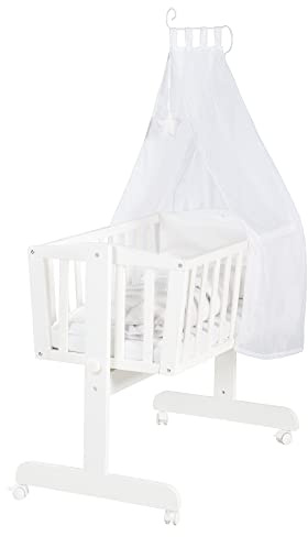roba Babysäng 40 x 90 cm i trä - Räv & Kanin - Vagga & Babysäng med hjul - Sänguppsättning komplett med låsfunktion - Inklusive textilutrustning - Trä vit