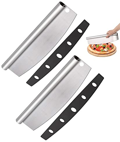 2er Set Pizzaschneider scharf, Wiegemesser, Kräuter- und Pizza Schneider, groß Pizza Cutter aus Edelstahl, scharfer Pizzamesser mit Loch zum Aufhängen, Pizzateiler mit Klingenschutz, Universalmesser