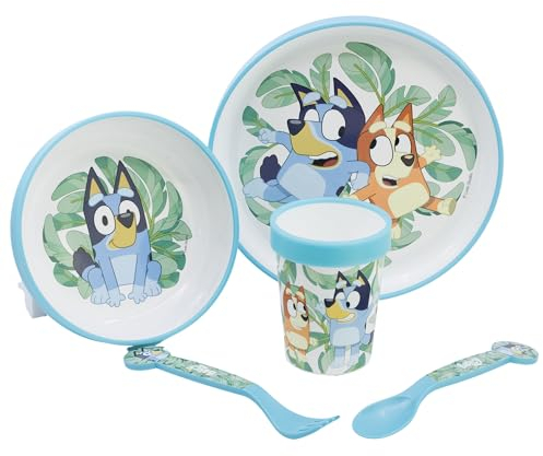 Stor Bluey - Set di stoviglie per bambini, 5 pezzi, bicolore, per colazione, pranzo, cena, piatto, ciotola e bicchiere, senza BPA, antiscivolo, per bambini