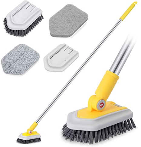 3-in-1 Bad Schrubber mit Stiel für Dusche mit Borstenbürste, Schrubbtuchpad und Microfaseraufsatz, 128 cm Lang Badezimmer Reinigungsbürste zum Reinigen von Badezimmer, Toilette, Balkon