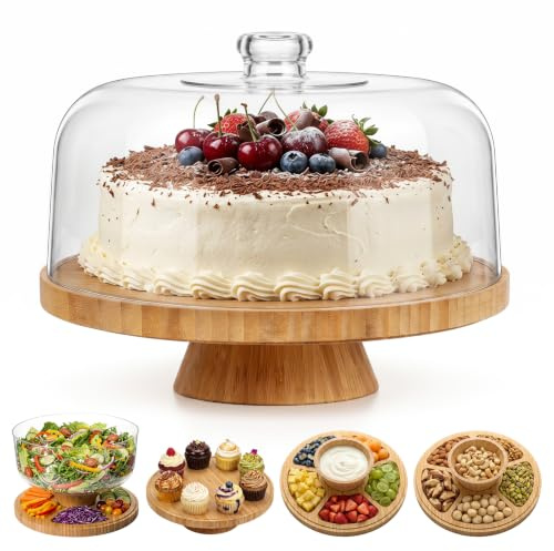 OZD Cake Stand, 11'' Wooden Cake Stand with Lid, Cake Display | Multi-use as Cake Stand Fruit Plate Salad Bowl Wooden Bowl Serving Tray, Cake Display for Wedding, Birthday, Party