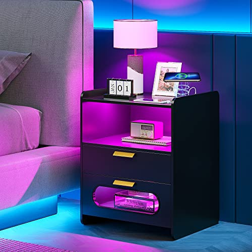 Lvifur Nachttisch RGB Led Licht,Nachttische mit 2 Schublade,Smart Nachttisch Menschliche Sensorfunktion,Nachtschrank 20 Farblicht dimmbar mit Kabelloses Laden,Hochglanz Nachtkommode mit USB Laden