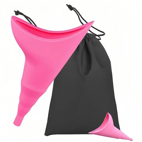 Weibliches Urinal, tragbar, kein Überlaufen, kein Auslaufen, wiederverwendbarer Pinkel-Trichter, stehen zum Pinkeln & Karabiner für Camping, Wandern & Reisen (Rosa)