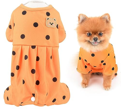 SMALLLEE_LUCKY_STORE Small Dog Clothes Cute Retro Dots Puppy Pajamas Pjs Belly Cover Cat Pyjamas Stretchy Jumpsuit Warm Sleepwear Outfits for Yorkie Chihuahua,Orange,L
