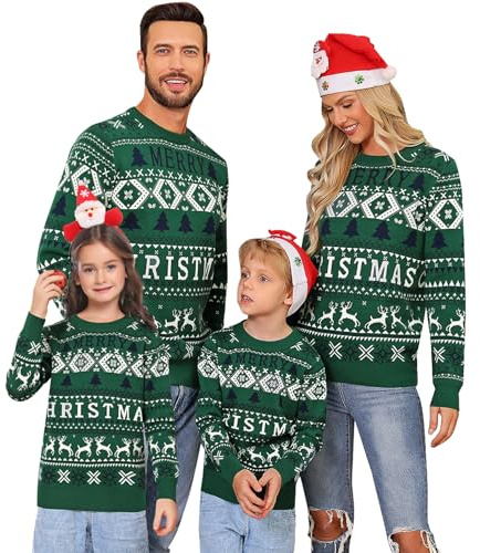 Migcaput Maglione Natalizio Donna Maglione a Maglia Uomo Genitore-Bambino Girocollo Maglione di Natale Invernale Renna Unisex Maglione di Coppia Verde 12