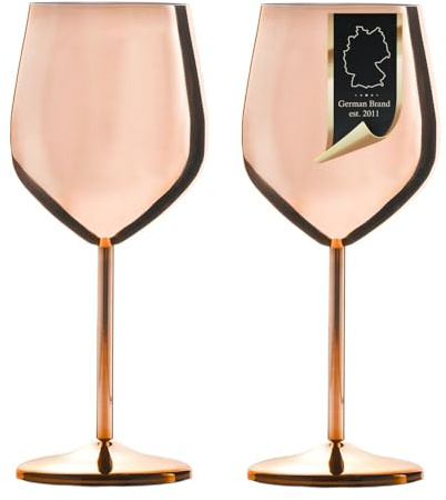 INTIRILIFE 2x Copas de vino de acero inoxidable en Oro Rosa Brillante - 21 x 9 cm - 400 ml - Copas de vino resistentes e irrompibles set de regalo cáliz