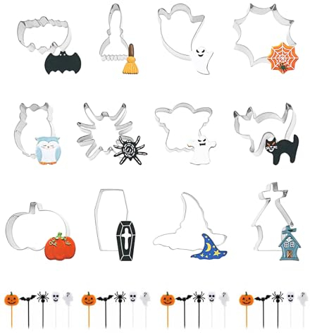 12 Piezas Moldes Galletas Halloween y 20 Piezas Halloween Cupcake Topper, Fantasma, Murciélago, Gato, Araña Cortadores de Galletas Acero Inoxidable para Pastel, Cookie, Fondant Formas