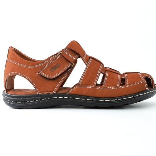 Lusco män äkta läderrem utomhus strand sommar stängd tå komfort fiskare sandaler, Tan Nubuck, 40.5 EU