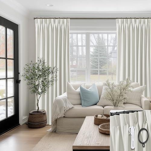 SHINELAND Pinch Pleated Cat Proof Blackout Curtains, Modern Matte Cream Polished Texture Light Blocking Drapes for Floor to Ceiling or Track System Bedroom Living Room, 90 Inch Long, 2 Panel