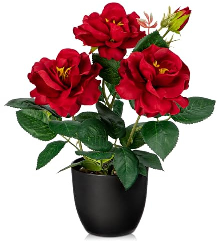 Briful Künstliche Blumen Kunstrosen Kunstblumen Wie Echt Rote Dekoblumen Rosenbusch Höhe 28 cm, im Topf Klein Frühlingsblumen Deko für Bad Büro Hotel Restaurant
