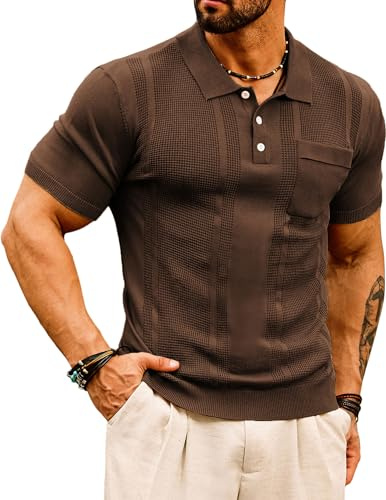 Mens Vintage Knit Polo Shirts Classic Fit Short Sleeve Textured Polo Sweaters Summer 60s 70s Knit Shirt Coffee XXL