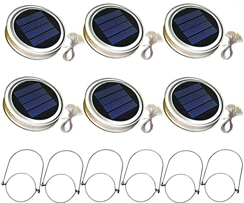 NASSMOSSE Solar Mason Jar Lid Light with 2m String Lights Handle 20 LEDs Hanging Lantern Lamp for Garden Decoration White Light 6PCS