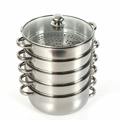 Vaporera de 5 capas de acero inoxidable pulido, olla de vapor con tapa transparente, olla de 26 cm para cocinar al vapor al mismo tiempo, sopa, fideos, pescado