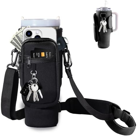 JAMSSOW Bolsa de transporte para Stanley Cup 40 oz,Stanley Cup Bolsa con correa ajustable para el hombro, llavero, compartimento para teléfono móvil, accesorios para viajes, correr, ciclismo, Negro ,