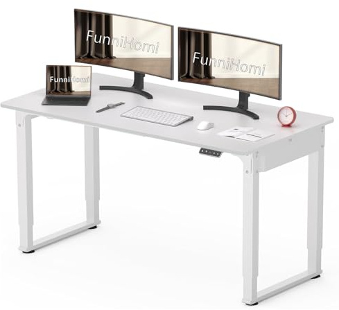 FunniHomi Höhenverstellbarer Schreibtisch Elektrisch 140 x 70 cm, Bürotisch mit Zwei Motoren, Computertisch Vier Tischeinen, Sitz-Stehpult mit Memory-Smart-Panel für zu Hause, Office, Weiß