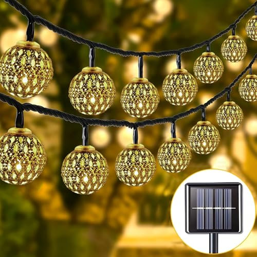 7M Kugel Led lichterkette Marokkanische,50LED Solar Lichterkette Aussen,Silber Marokkanischen Orb Schnurlichter,8 Modi IP65 Wasserdicht Solarlampen für Garten,Balkon,Terrasse,Bäume,Hochzeiten,Partys
