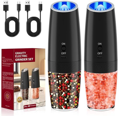 Molinillo Pimienta Electrico, Gravity sensing molinillo pimienta con USB para carga rápida, pimentero electrico con Recipiente Transparente Lavable de 135ml, LED Blanca y Aspereza Ajustable (2 Piezas)