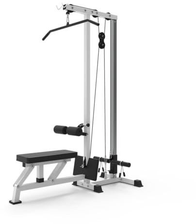 Bad Company Latzug-Turm mit klappbarem Sitzpolster und Zubehör - Latzug-Maschine für Training von Oberkörper Bizeps Trizeps am Kabelzug I BCA-106 (weiß, Aluminium-Umlenkrollen)