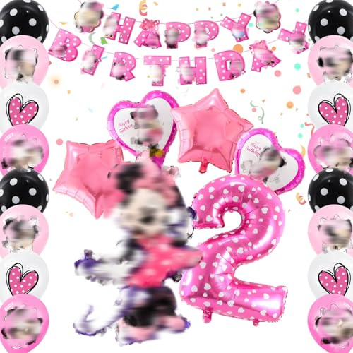 Mouse Birthday Decorations 23 PCS, Mouse Party Decorations with Happy Birthday Banner, Balloons, 2nd Birth day Decorations for Girls Themed Party Decorations, Pink Birth-day Decorations