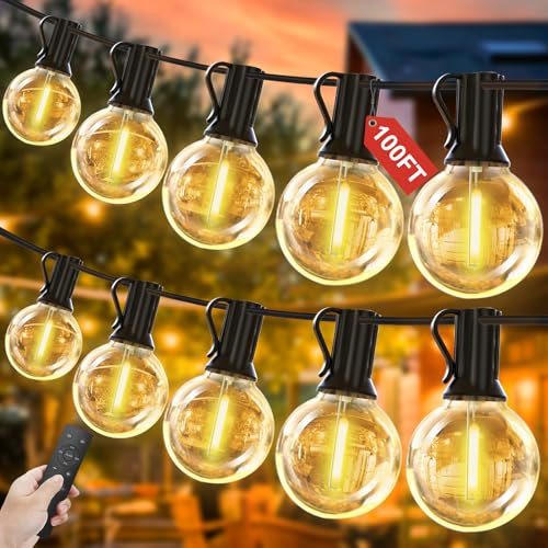 Yuucio 30M Lichterkette Außen Dimmbar, Ourdoor Lichterkette Glühbirnen mit Fernbedienung, 50+2 G40 LED Plastikbirnen Lichterketten Aussen Wasserdicht für Terrasse,Garten,Warmes Weiß