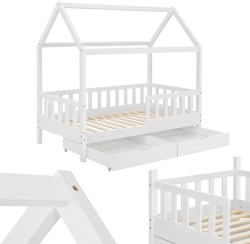 Juskys® Kinderbett Marli 80 x 160 cm mit Matratze, Bettkasten, Rausfallschutz, Lattenrost & Dach - Massivholz Hausbett für Kinder - Bett in Weiß