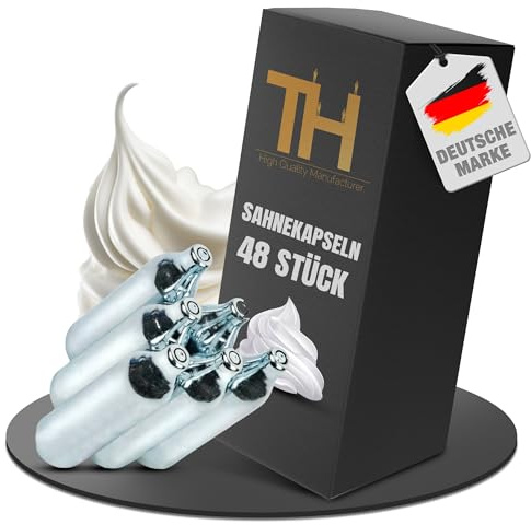 Thiru Premium N2O Sahnekapseln für Sahnespender - N2O Patronen für Sahnesyphons - für alle handelsüblichen Sahnebereiter - für bis zu 500ml Volumen (48 Stück)