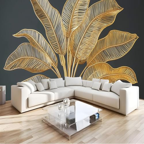 JSCWDET Papel Tapiz Fotográfico Con Diseño Retro 3DHojas De Plantas, Papel Tapiz De Alambre De Metal Dorado Para Decoración De Paredes Del Hogar, Sala De Estar, 150 X 105 cm（anchura x altura