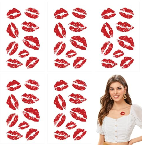 5pcs kuss tattoos temporärer lebensecht lippenstift kiss stehungsaufkleber wasserdicht und langlebig tattoo temporär für Halloween Weihnachtskostümfeiern Accessoires, Tattoo temporär