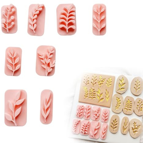 JVHLOV Emporte-pièces en Argile Polymère, Mini Tampons, 8 Motifs Feuilles | Mini tampons texture pour boucles d’oreilles et bijoux faits main, adaptés au Fimo, à la résine et au fondant