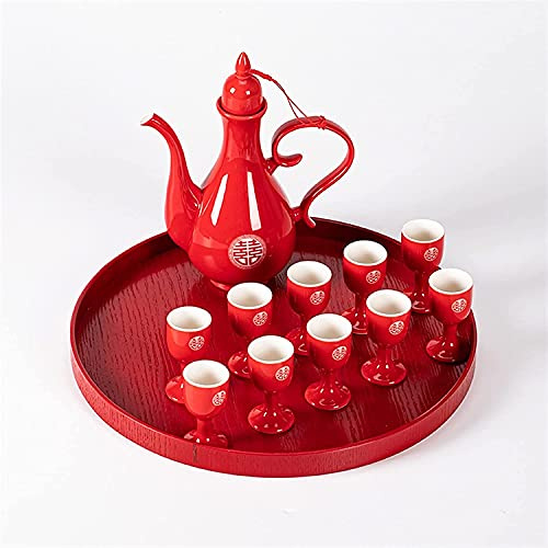 Muhuoting Ceramic Wine Glass Wedding Banquet Kit, Three-Piece Chinese Double-Happiness Jug, 1X Pot, 10X Cup, 1X Tray(Color:Red)