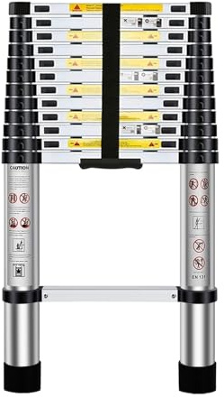 Telescopic Ladder 3.7m, Collapsible Ladder Telescopic Stainless Steel, Adjustable Step, for Lofts, for Gutter Cleaning, Window Cleaning, Warehouse Organisation, etc.