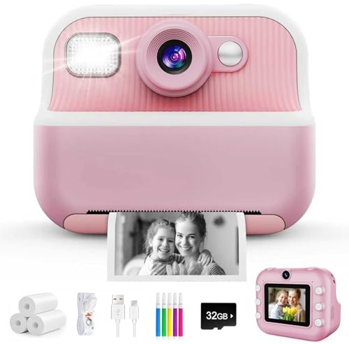 Appareil Photo instantané pour Enfants - Écran de 2,4 - 1080p - avec Carte de 32 Go et 3 Rouleaux de Papier d'impression - Cadeau pour Fille de 3 à 12 Ans - Rose (Rose)