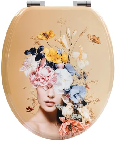WOLTU Toilettendeckel mit Absenkautomatik MDF, Toilettensitz Klodeckel Klobrille WC Sitz O-Form mit Scharnieren, Quick-Release Funktion für leichte Reinigung, Blumengöttin Motiv