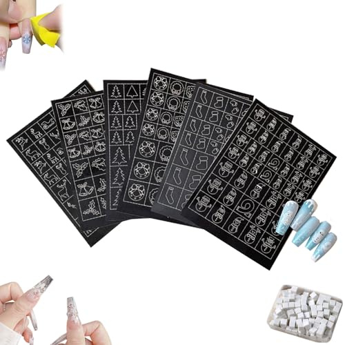 Airbrush Stencils Stickers for Nail Art, 6Pcs Halloween Nail Sticker Set, Self-Adhesive Hollow Nail Stickers with Sponge Block, DIY Nail Art Decorations for Christmas Women (Style E)