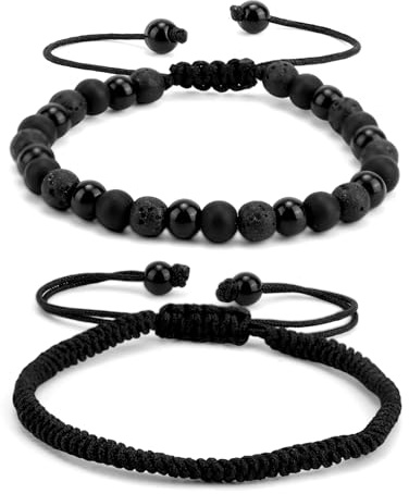 Mikovivi 2pcs Bracelet Homme, Bracelet Onyx Noir Obsidienne et Roche Volcanique Style Perles et Corde Tressée pour Hommes Cadeaux Sympas pour Anniversaire Valentine ou Anniversaire de Mariage