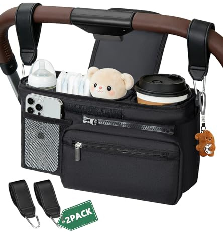 Universal Baby Pushchair Organiser with 2PCS Buggy Clips, 2 Insulated Cup Holder, Detachable Bag, Adjustable Shoulder Strap, Large Capacity for Baby Essentials, Compact Design Fits Most Stroller