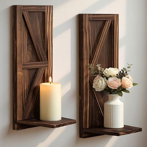 Candle Sconces Set of 2: Farmhouse Wall Candle Holder, Brown Wood Wall Sconces Set of Two,Handmade Wooden Art Decor for Living Room, Dining Room, Bathroom, Bedroom, or Entryway, 15.7x5