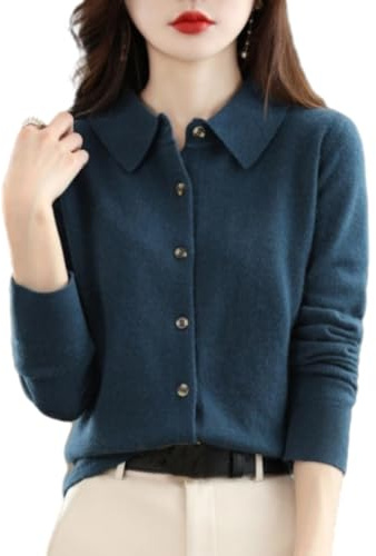 WINDEHAO Cardigan da donna in cashmere, maglione cardigan a maniche lunghe con risvolto in lana, maglione cardigan a maniche lunghe, maglioni in maglia morbida e calda, blu navy, XL
