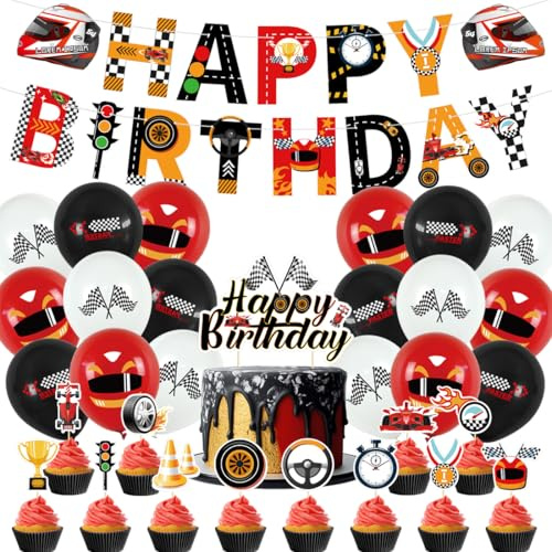 Racing Car Birthday Decoration, Doyomtoy Motorcycle Balloons Party Supplies Happy Birthday Banner, Cake Topper Racing Car Birthday for Children Party Birthday Baby Shower Pack of 32