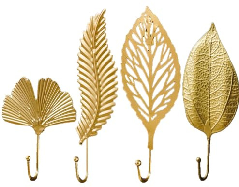 KARLOR Goldene Wandhaken Set, 4 Stück Wandhaken zum schrauben Blätter Design, Metall Kleiderhaken Vintage Garderobenhaken Ginkgo-Biloba-Blätter Wandhalter für Flur Badzimmer Küche 11-21cm Länge