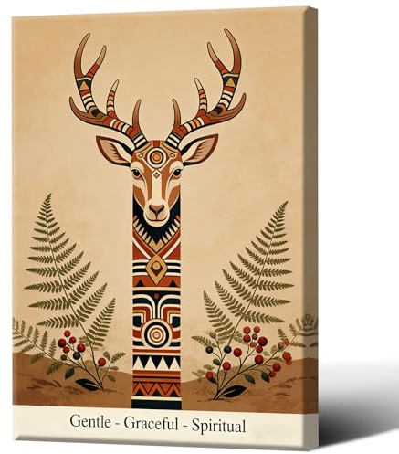 Bohemian Spiritual Deer Totem Decor - Ethnic Patterned Antler Art with Fern & Berry Accents for Gentle Graceful Home Wall Decor 24X36 in Wrapped Framed