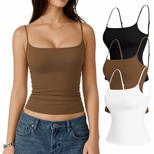 TRENLIVER Womens 3 Pack Camisole Tank Tops Adjustable Spaghetti Straps Sleeveless Cami Sexy Going Out Top Y2k 2026 Black White Coffee S