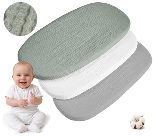 Medi Partners Lenzuola Lettino Culla 86x40 Set 3 Lenzuolo Navicella Neonato Carrozzina con Angoli - 100% Cotone Mussole Passeggino Materasso Fitted Sheet Coprimaterasso (Oliva-Bianco-Grigio)