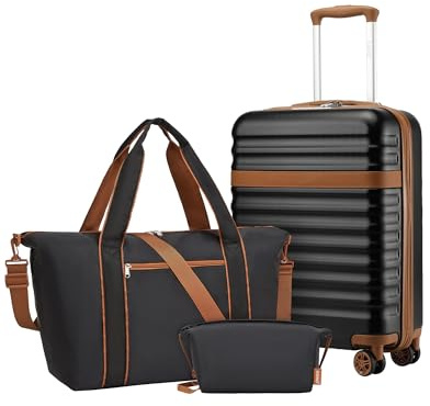 Kono Juego de Maletas con Maleta Cabina Rígida 55x40x20, un Equipaje de Mano Que Cuenta con Ruedas TPE y Cerradura TSA, más Bolsa de Viaje con Correa Ajustable y Hebilla para Carro, y Neceser (Negro)