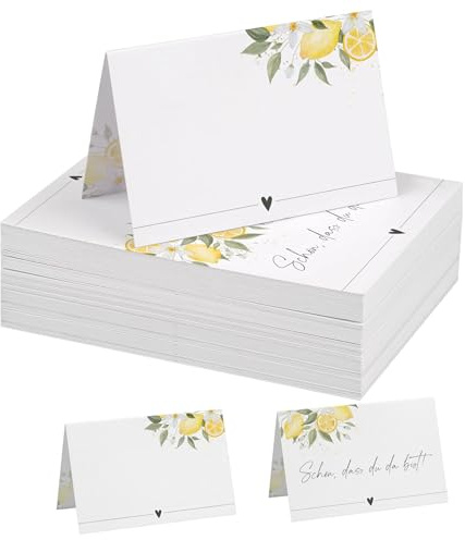 50 Stück Namenskarten Zitrone | 8.5x5.5 cm, handgemaltes Aquarellmotiv, Schön dass du da bist, Anlass Hochzeit, Geburtstag, Kommunion, Konfirmation, Taufe