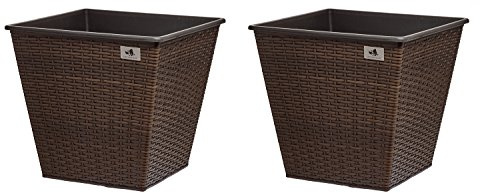 Gartenfreude 2 Stück 61 Liter Pflanzkübel Pflanzgefäße Blumenkübel Blumentopf für Blumen etc. aus Polyrattan 41,5 x 41,5 x 38 cm, wasserdichter Kunststofftopf, bicolour braun