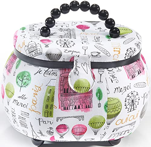 Kobolo Nähkästchen Nähkorb Nähkörbchen Nähkasten -Kunststoff, Textil - Weiß, Rosa- 28x21x19 cm