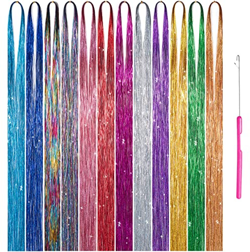 Xinxinshuyu Hair Tinsel Strands 12 Colors 2040 Strands in Set Sparkling Shiny Hair Tinsel Extensions Colored Party Highlights Glitter Extensions Multi-Colors Hair Streak Bling Synthetic (12 colors)